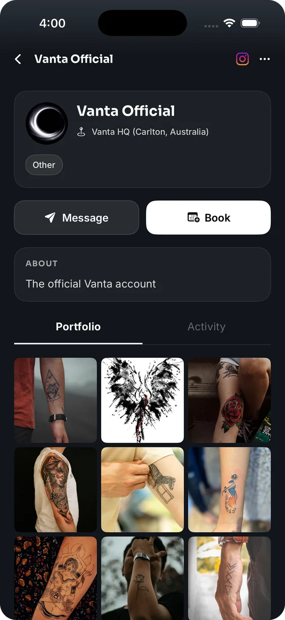 Inside Vanta: an artist’s tattoo portfolio with Message and Book options